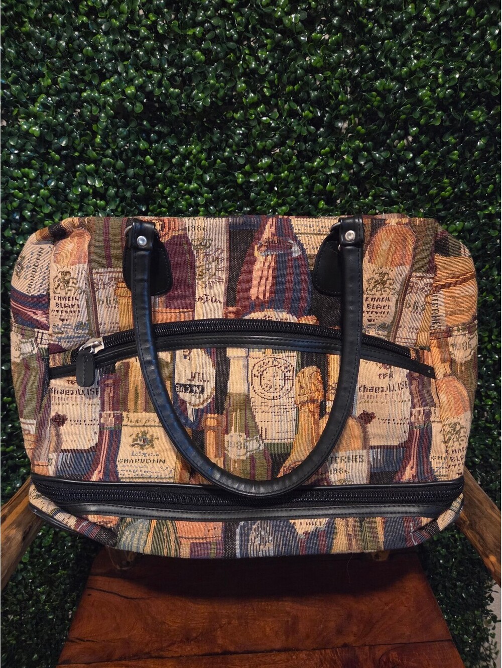Vintage Style Wine Bottle Print Handbag with Black Handles